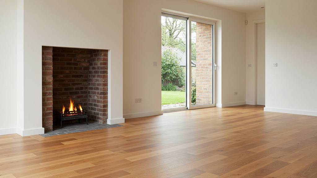 Parquet en bois massif après pose ou rénovation dans une pièce claire