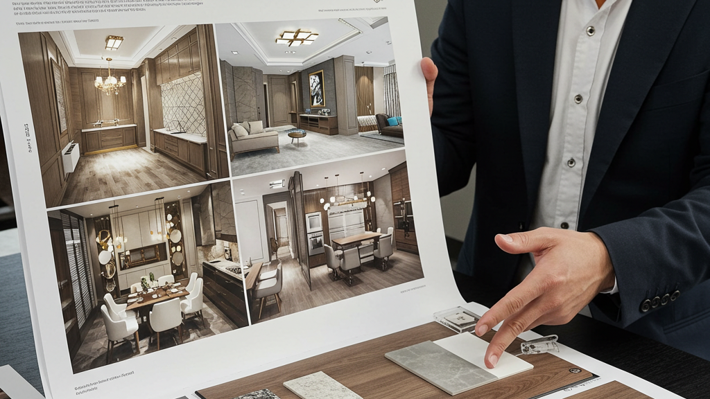Plans de rénovation et échantillons de matériaux sur une table