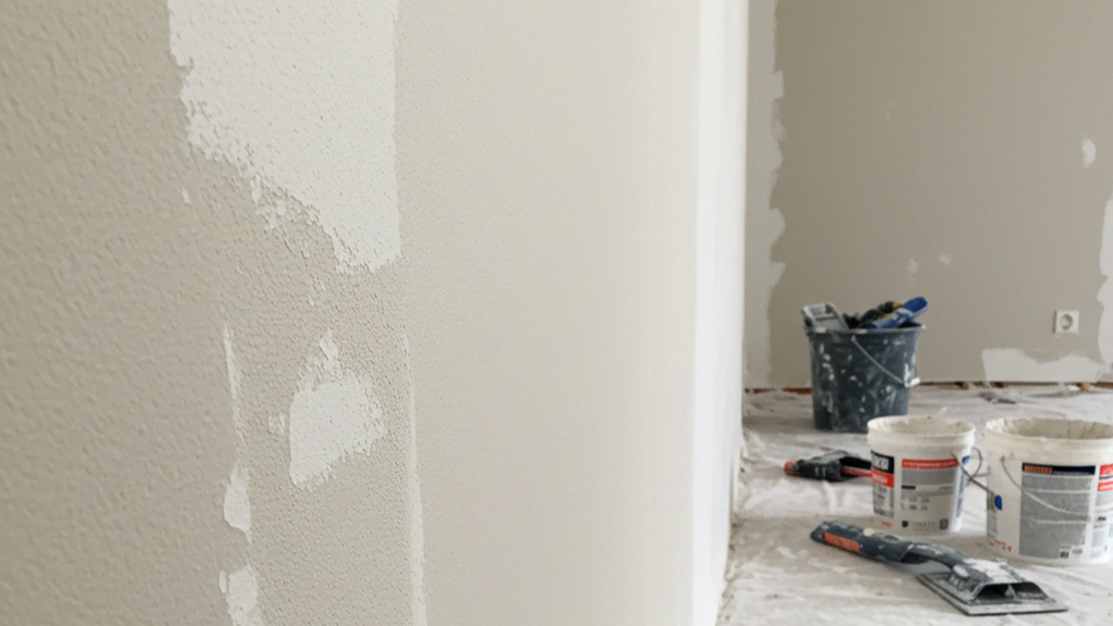 Artisan préparant un mur avec de l'enduit avant peinture