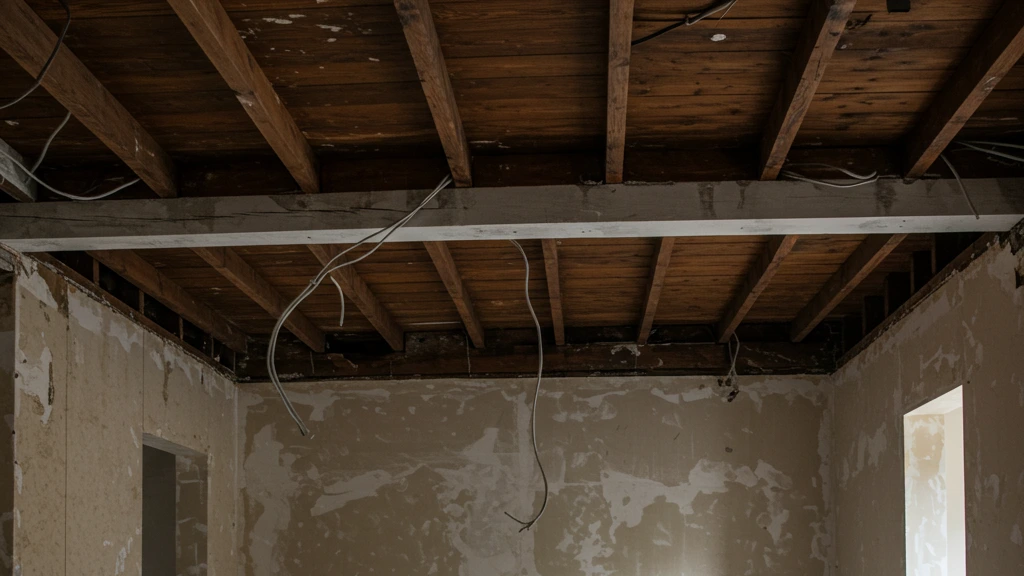 Intérieur en cours de rénovation, murs préparés et outils visibles